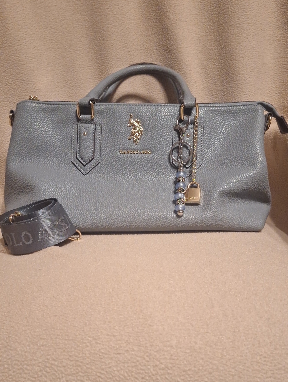 U.S. Polo Assn. Pebbled Satchel in Steel Gray with Gold Hardware